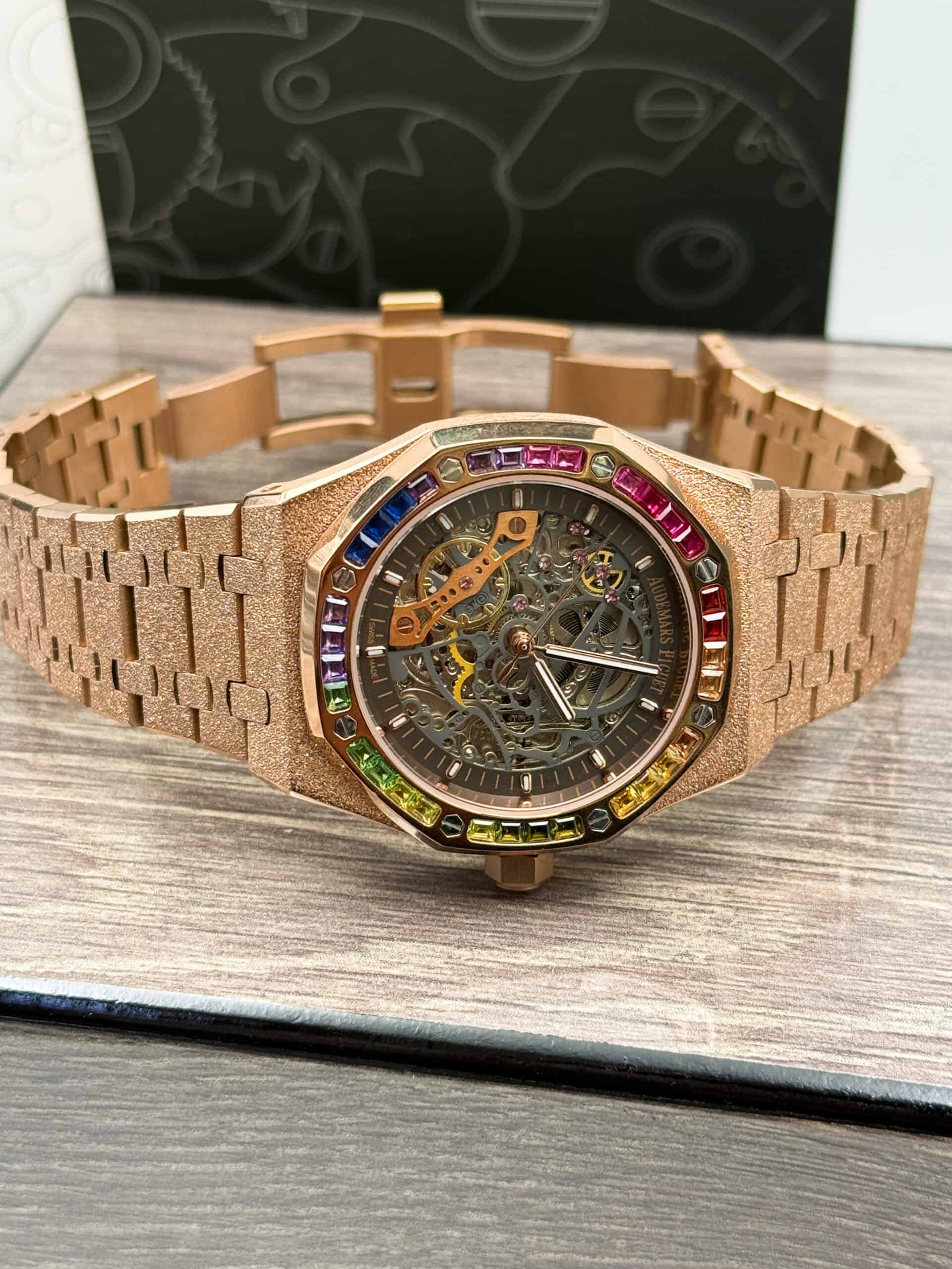 Audemars Piguet Royal Oak Double Balance Wheel Openworked Frosted Gold Case Rainbow Bezel. - Image 2