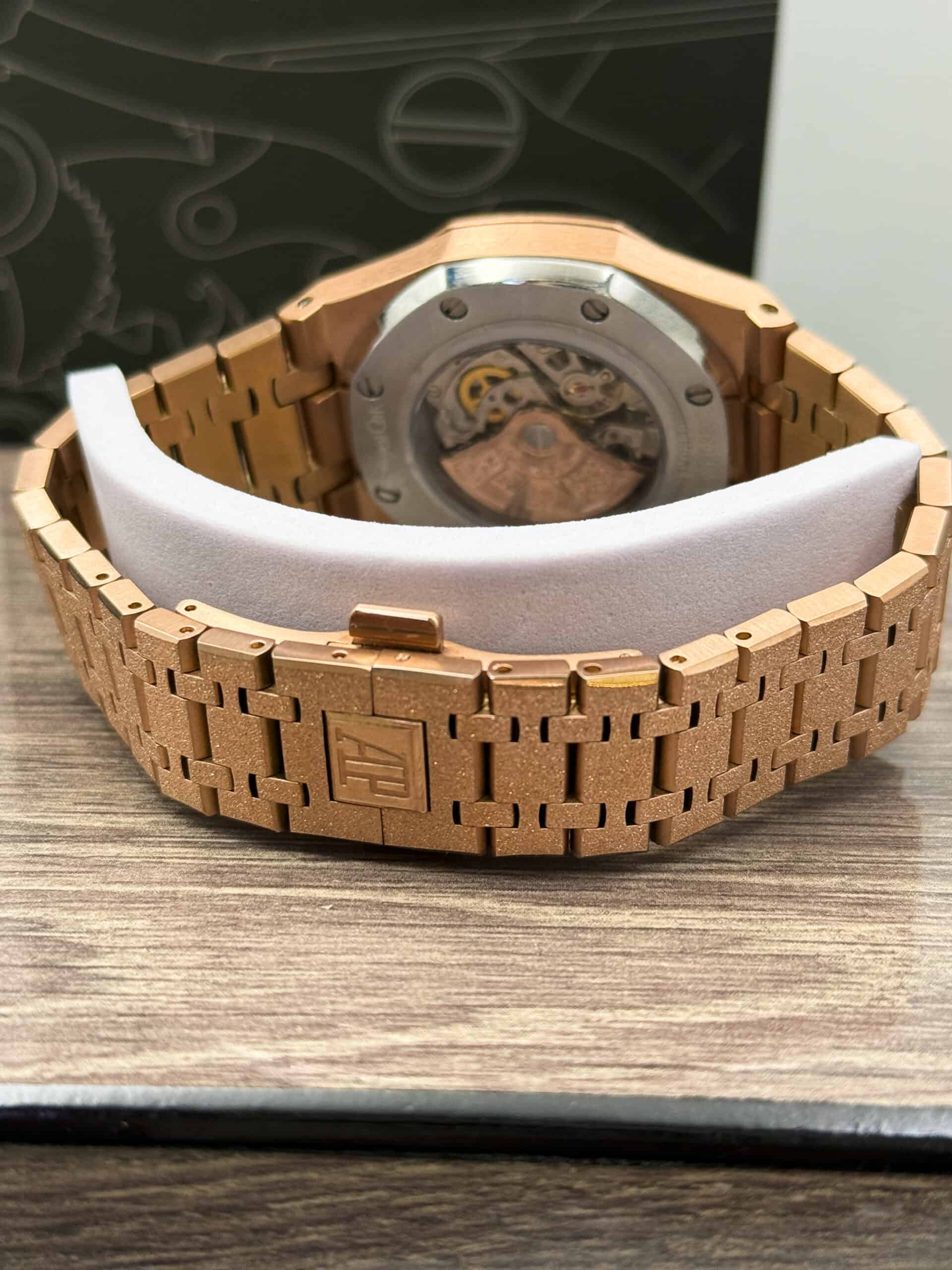 Audemars Piguet Royal Oak Double Balance Wheel Openworked Frosted Gold Case Rainbow Bezel. - Image 4