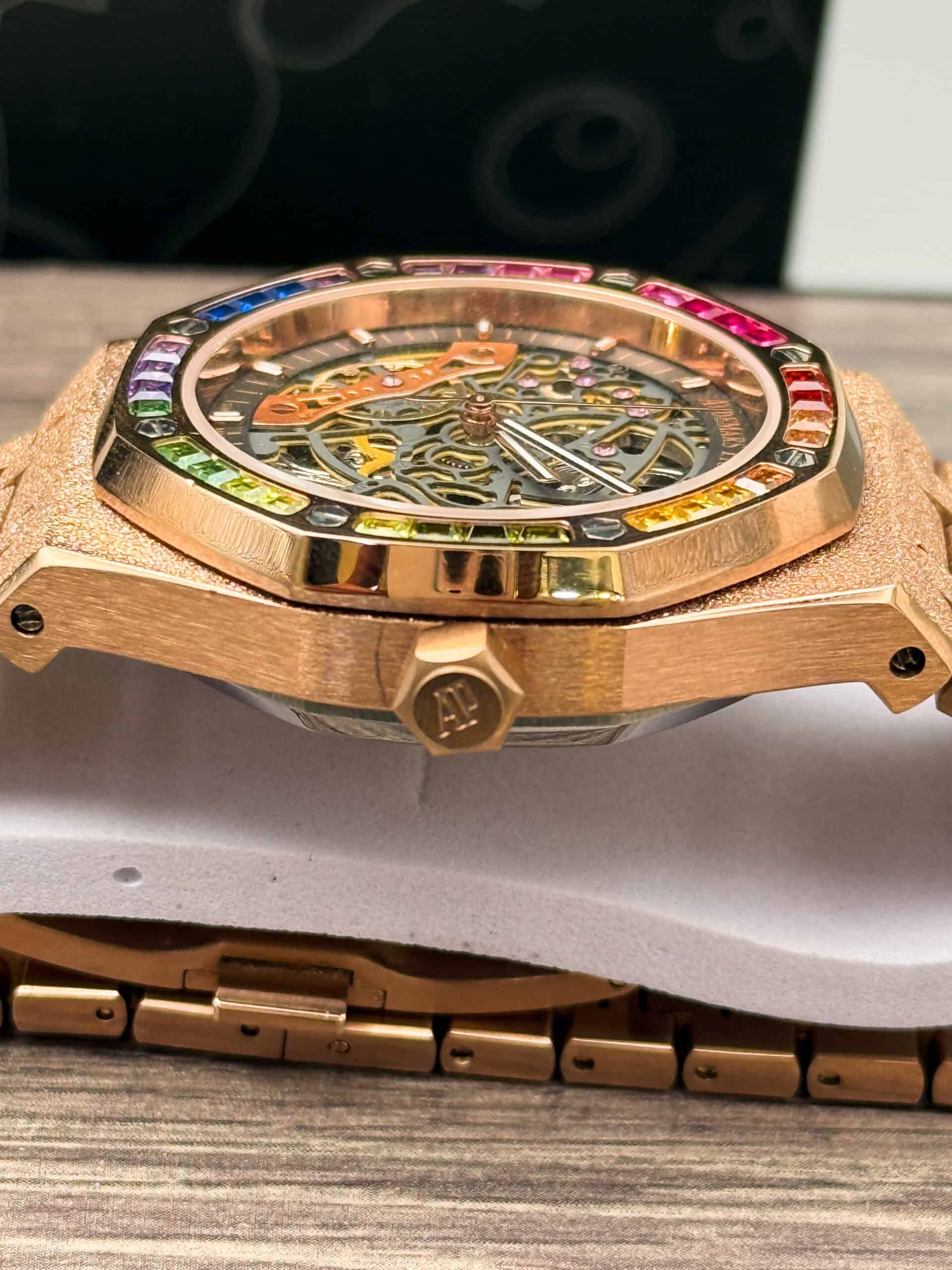 Audemars Piguet Royal Oak Double Balance Wheel Openworked Frosted Gold Case Rainbow Bezel. - Image 3