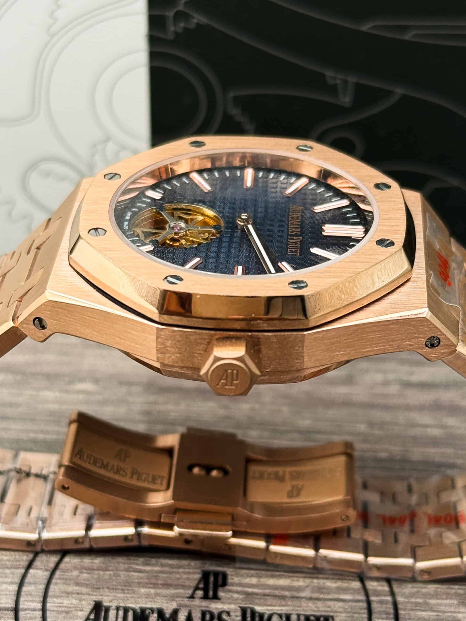 Audemars Piguet Royal Oak Tourbillon Automatic Watch Rose Gold Case Blue Dial - Image 4
