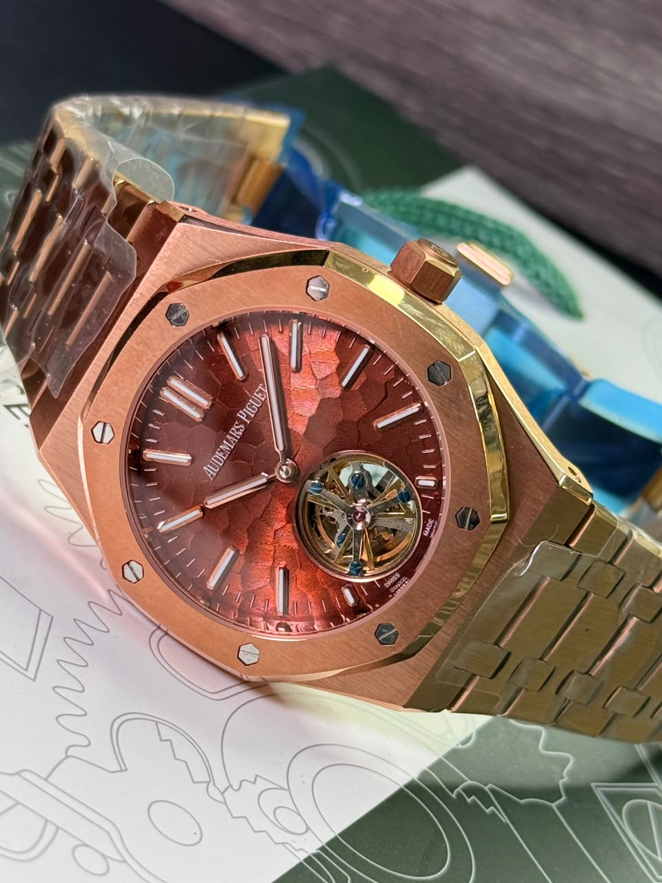 Audemars Piguet Royal Oak Tourbillon Automatic Watch Rose Gold Case Chocolate Brown Dimpled Dial - Image 3
