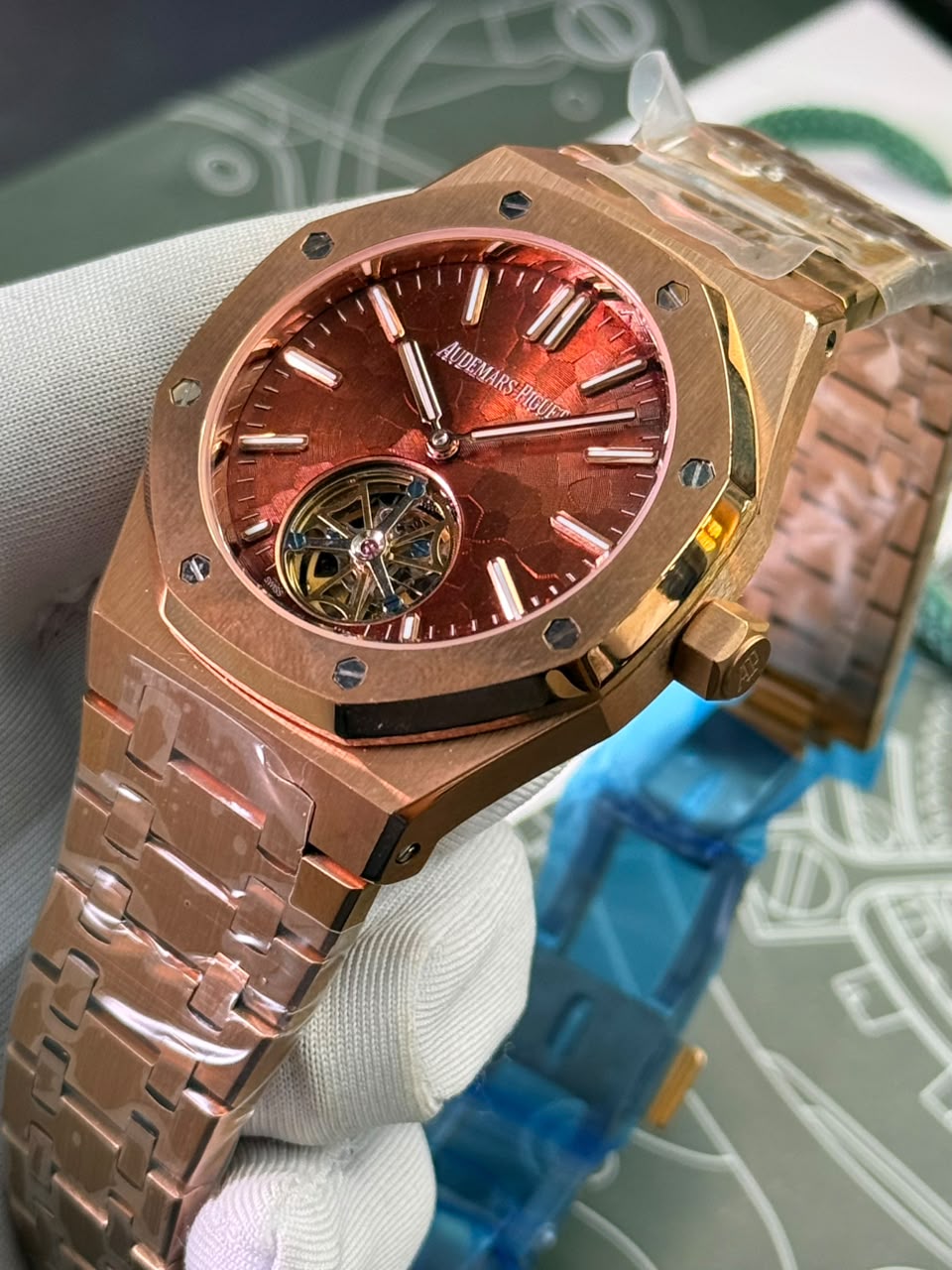 Audemars Piguet Royal Oak Tourbillon Automatic Watch Rose Gold Case Chocolate Brown Dimpled Dial - Image 2