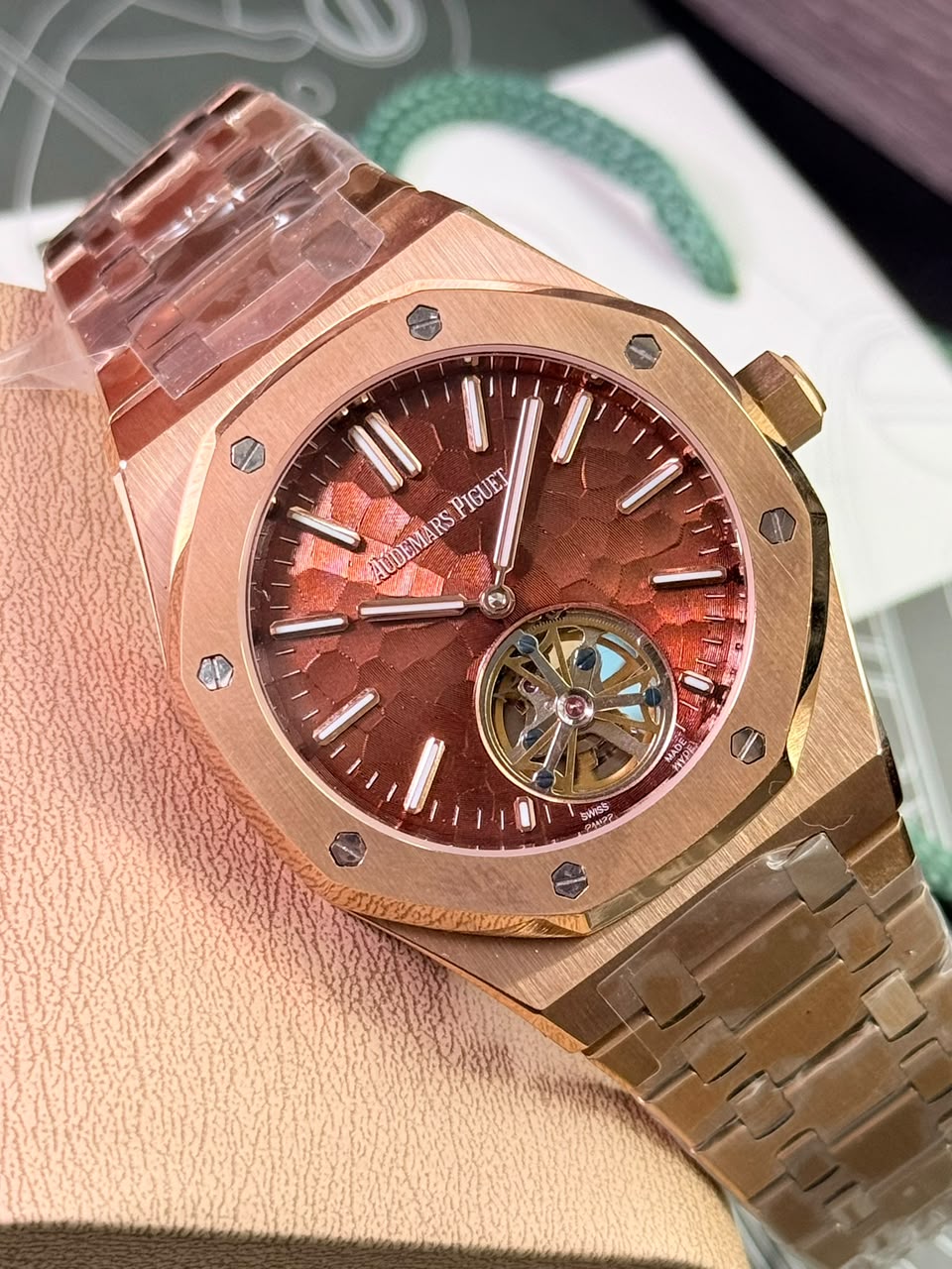 Audemars Piguet Royal Oak Tourbillon Automatic Watch Rose Gold Case Chocolate Brown Dimpled Dial - Image 4
