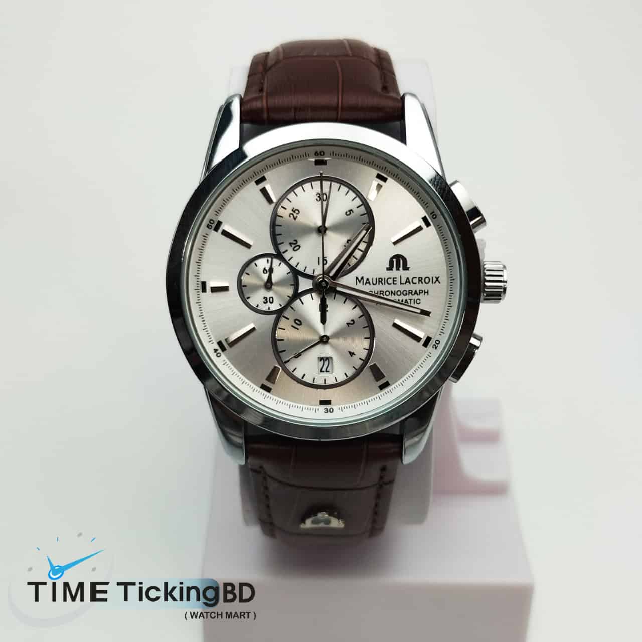 MAURICE LACROIX BROWN LEATHER BELT Quartz SS White Dial Men’s Watch. - Image 3