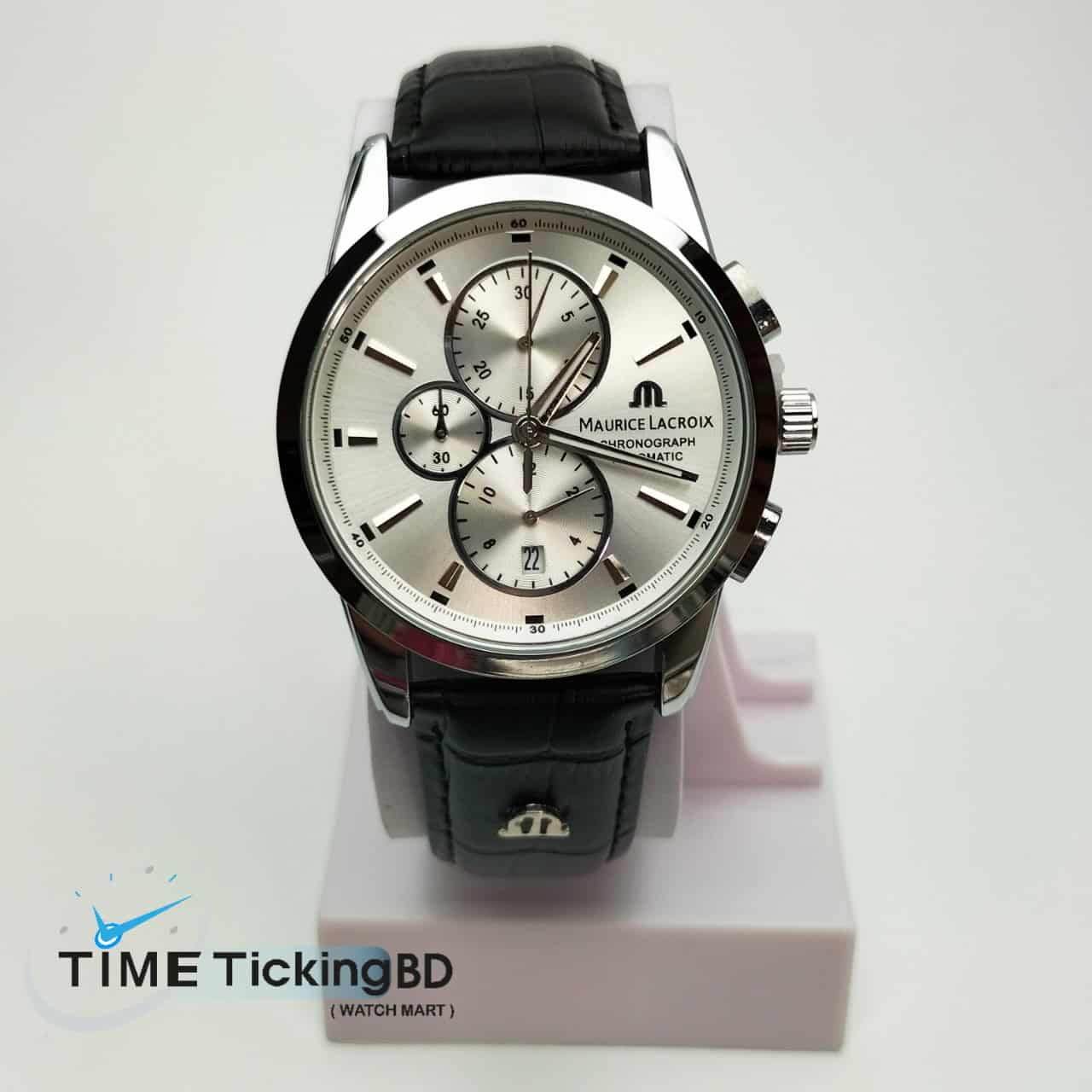 MAURICE LACROIX BLACK LEATHER BELT Quartz SS White Dial Men’s Watch. - Image 4