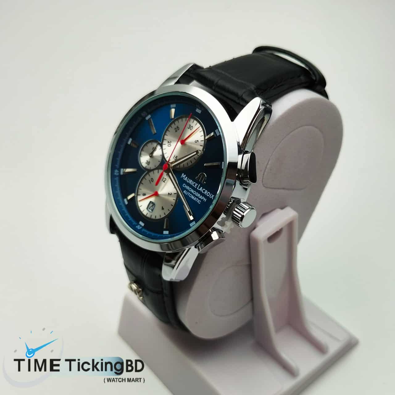 MAURICE LACROIX BLACK LEATHER BELT Quartz SS Blue Dial White Chronograph Men’s Watch - Image 4