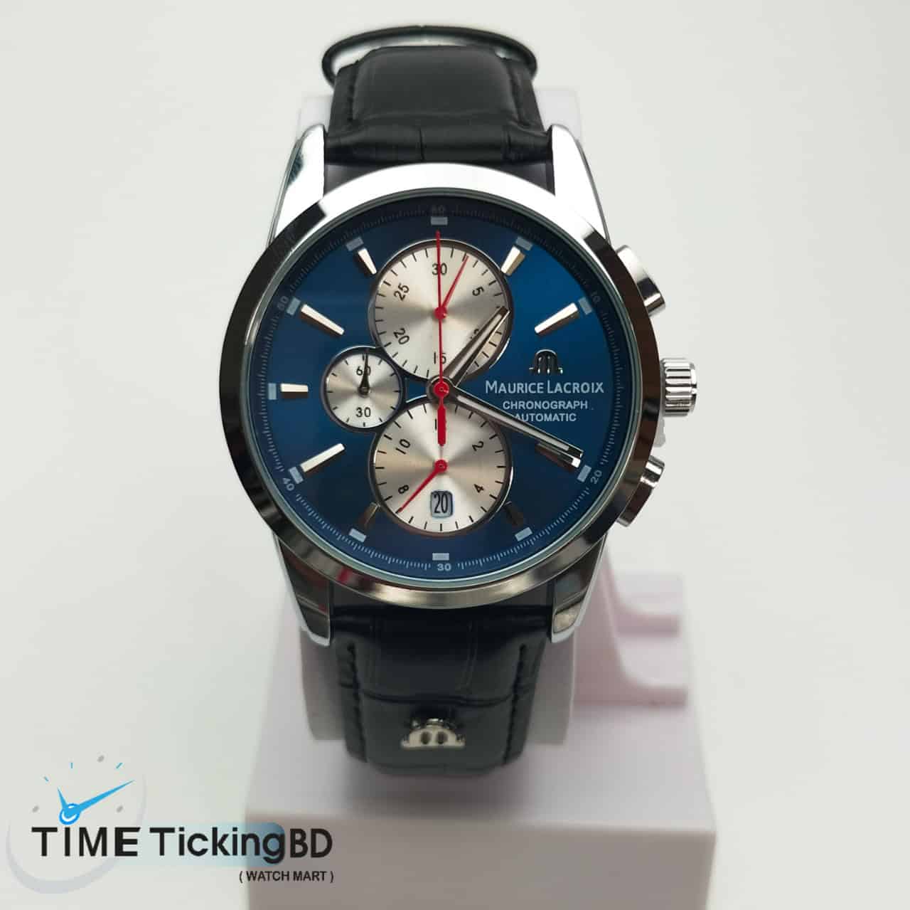 MAURICE LACROIX BLACK LEATHER BELT Quartz SS Blue Dial White Chronograph Men’s Watch - Image 5