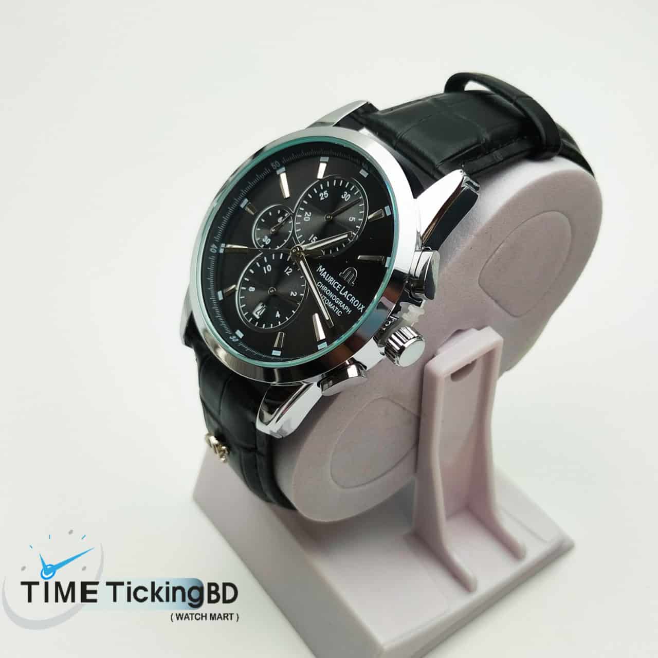 MAURICE LACROIX BLACK LEATHER BELT Quartz SS Black Dial Men’s Watch - Image 3