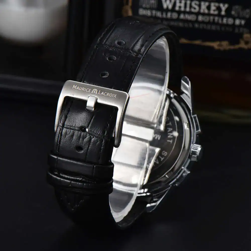 MAURICE LACROIX BLACK LEATHER BELT Quartz SS Blue Dial White Chronograph Men’s Watch - Image 6