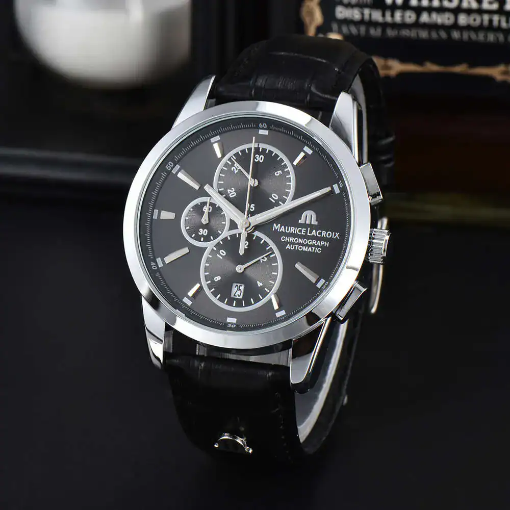 MAURICE LACROIX BLACK LEATHER BELT Quartz SS Black Dial Men’s Watch - Image 2