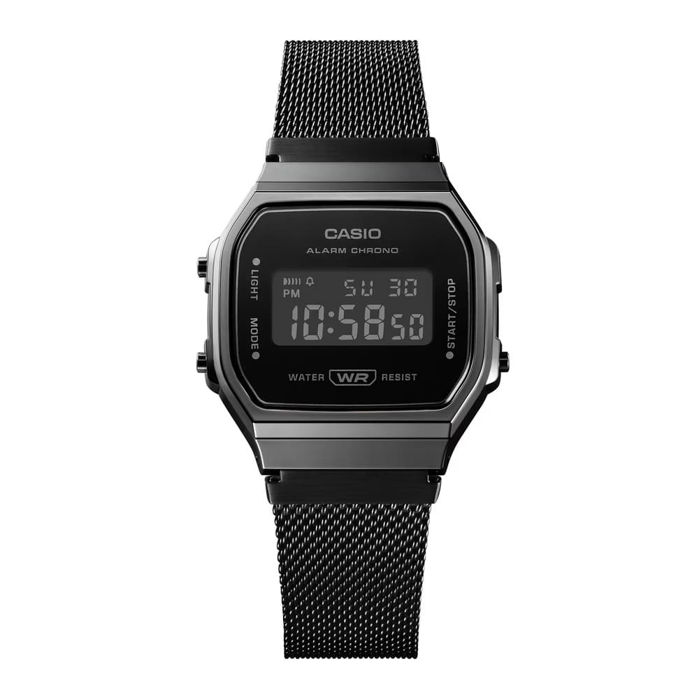 Casio A168WEMB-1B black mesh digital vintage watch with stainless steel band