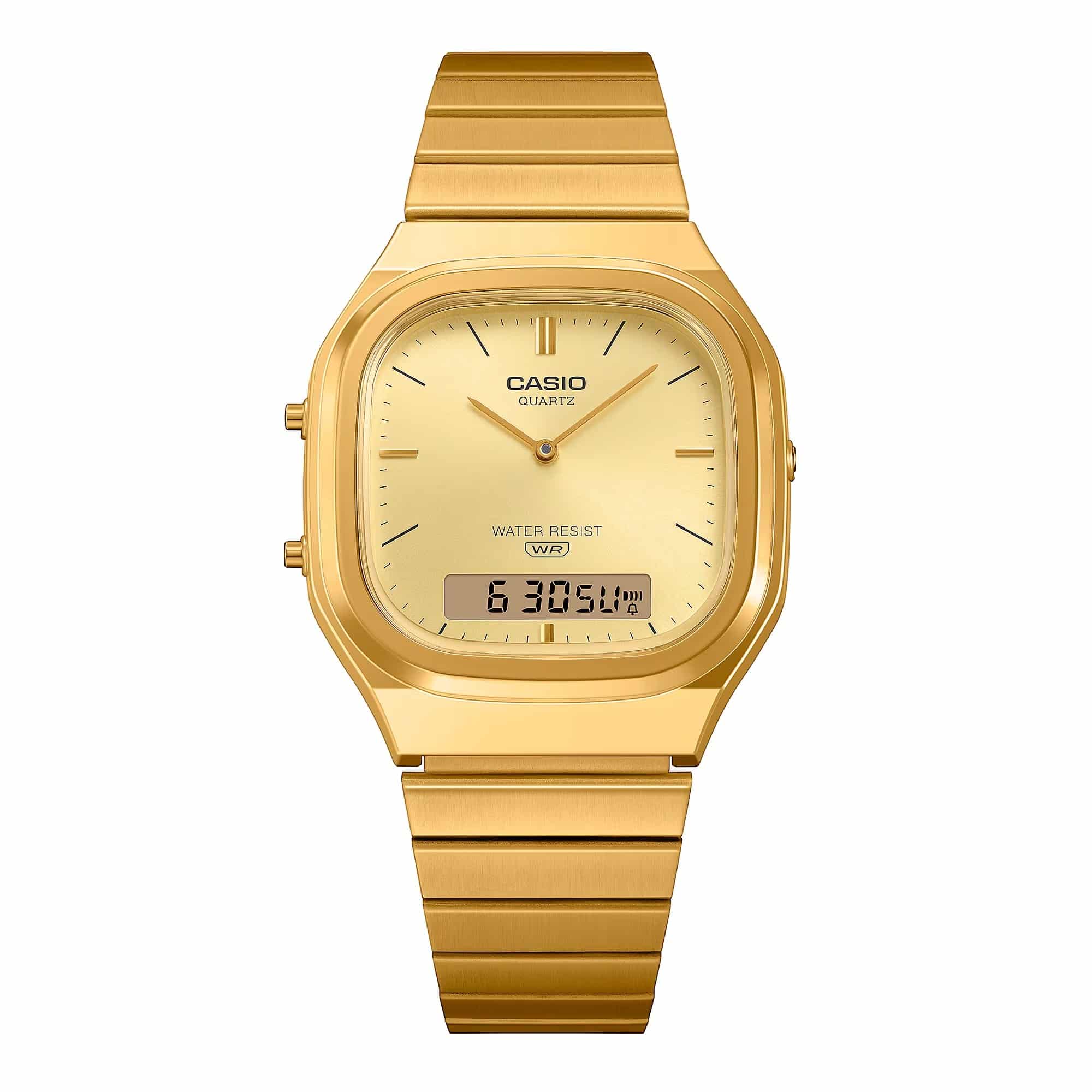 CASIO AQ-240EG-9A gold analog-digital watch with gold-tone case and stainless steel bracelet