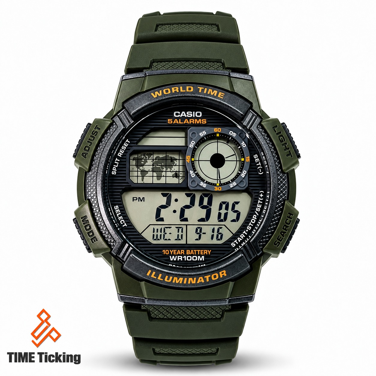 Casio AE-1000W Youth Series Men’s Digital Sports Watch with Resin Band, World Time, 1/100-Second Stopwatch and 100-Meter Water Resistance