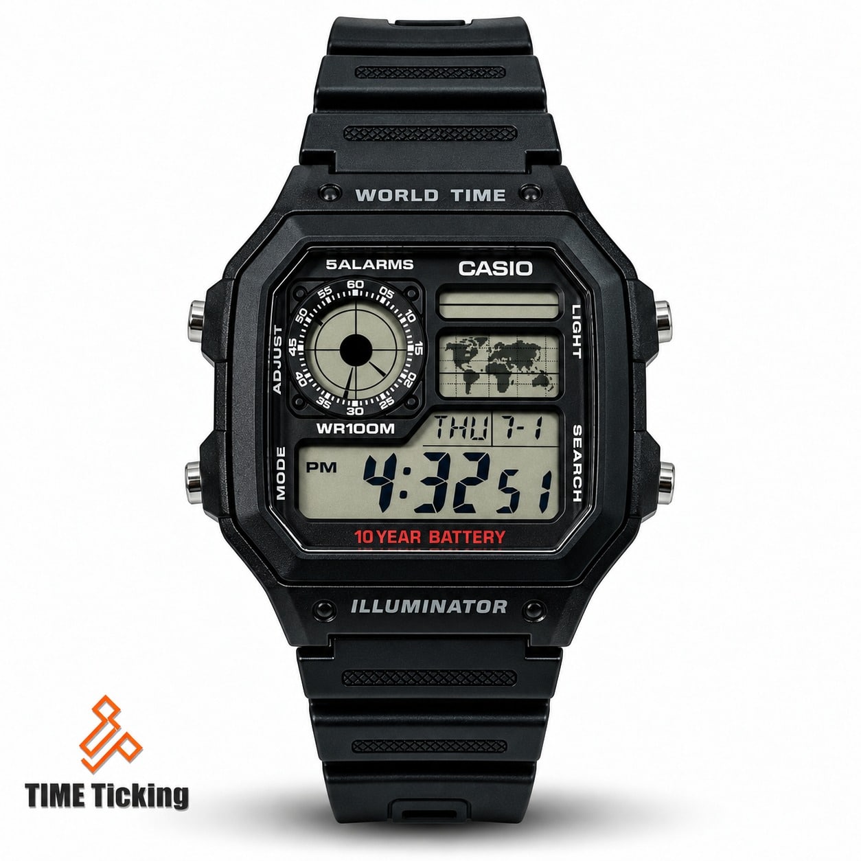 Casio AE-1200WH-1BVDF Youth Men’s Digital Watch with Black Resin Band, Amber Display, World Time, 1/100-Second Stopwatch and 100-Meter Water Resistance