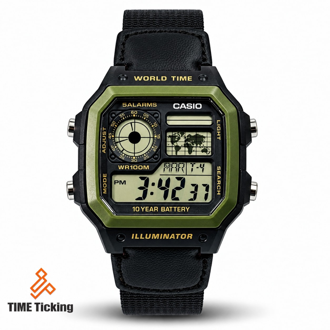 Casio AE-1200WHB-1BVDF Youth Men’s Digital Watch with Black Resin Band, Grey Dial, World Map, World Time, 1/100-Second Stopwatch and 100-Meter Water Resistance
