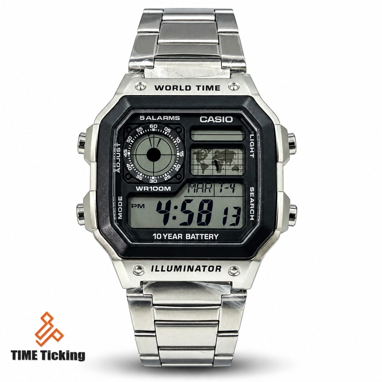 Casio AE-1200WHD-1AVDF Youth Men’s Digital Watch with Silver Stainless Steel Band, Black Dial, World Time, 1/100-Second Stopwatch and 100-Meter Water Resistance