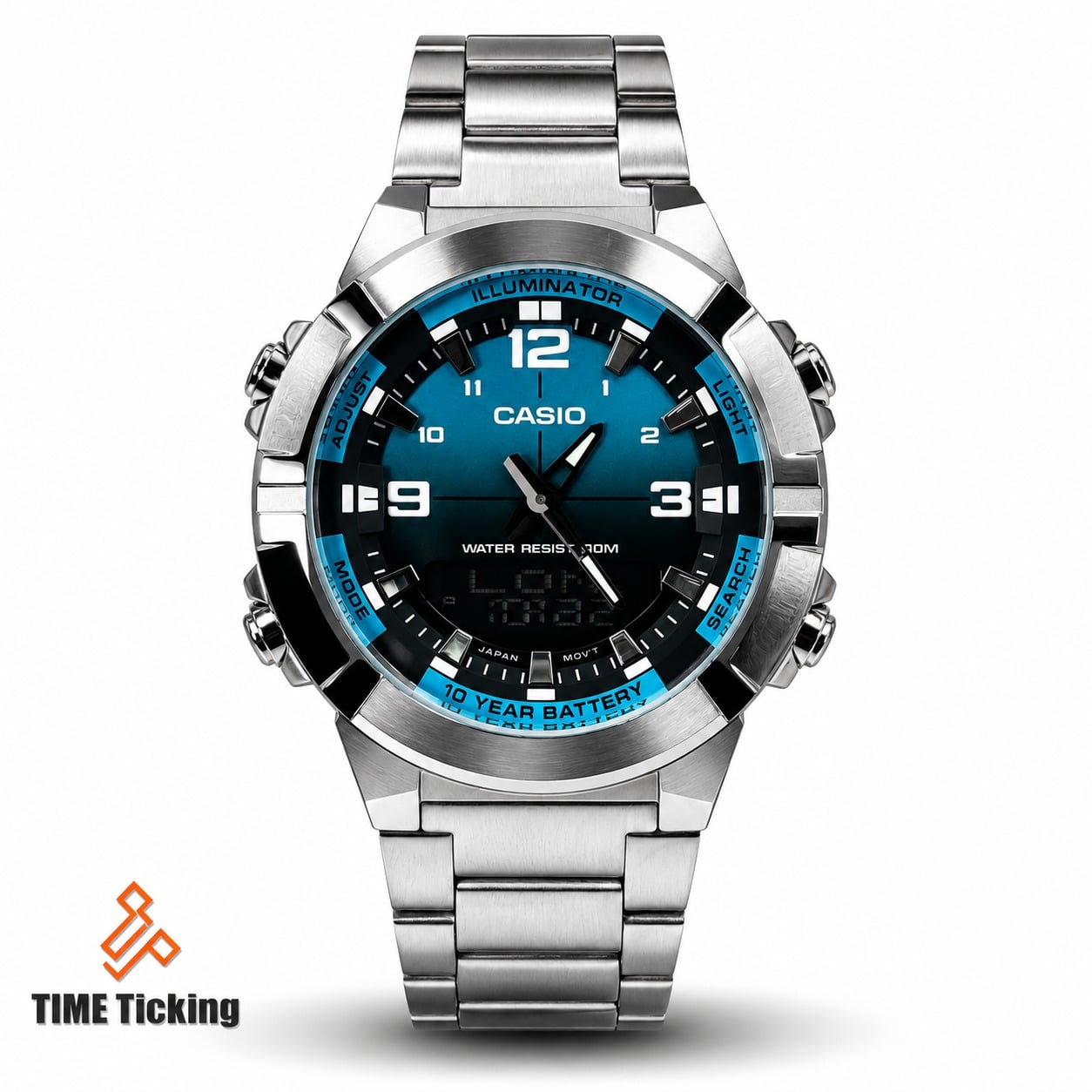 Casio AMW-870DA Men’s Dual Time Analog-Digital Sports Watch with Stainless Steel Band, World Time, Stopwatch, Countdown Timer and 50-Meter Water Resistance