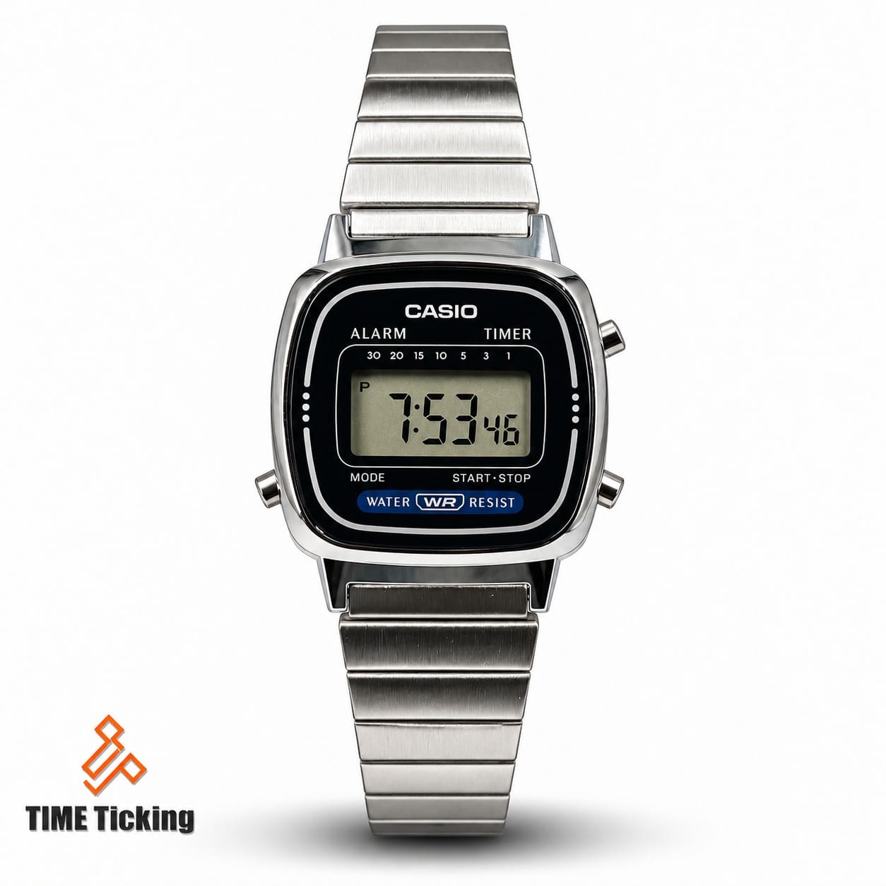 Casio LA670WA-2DF ladies retro digital watch with black display, silver stainless steel bracelet and rectangular resin case