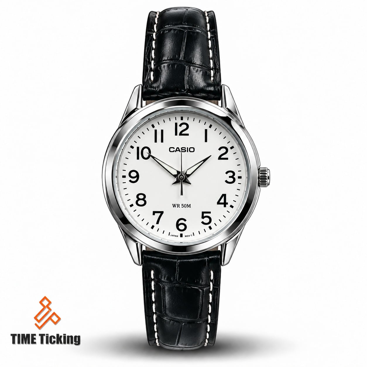 Casio Enticer LTP-1303L-7BVDF women’s analog quartz watch with genuine leather strap, mineral glass, ion-plated case, 50-meter water resistance, and Japan movement