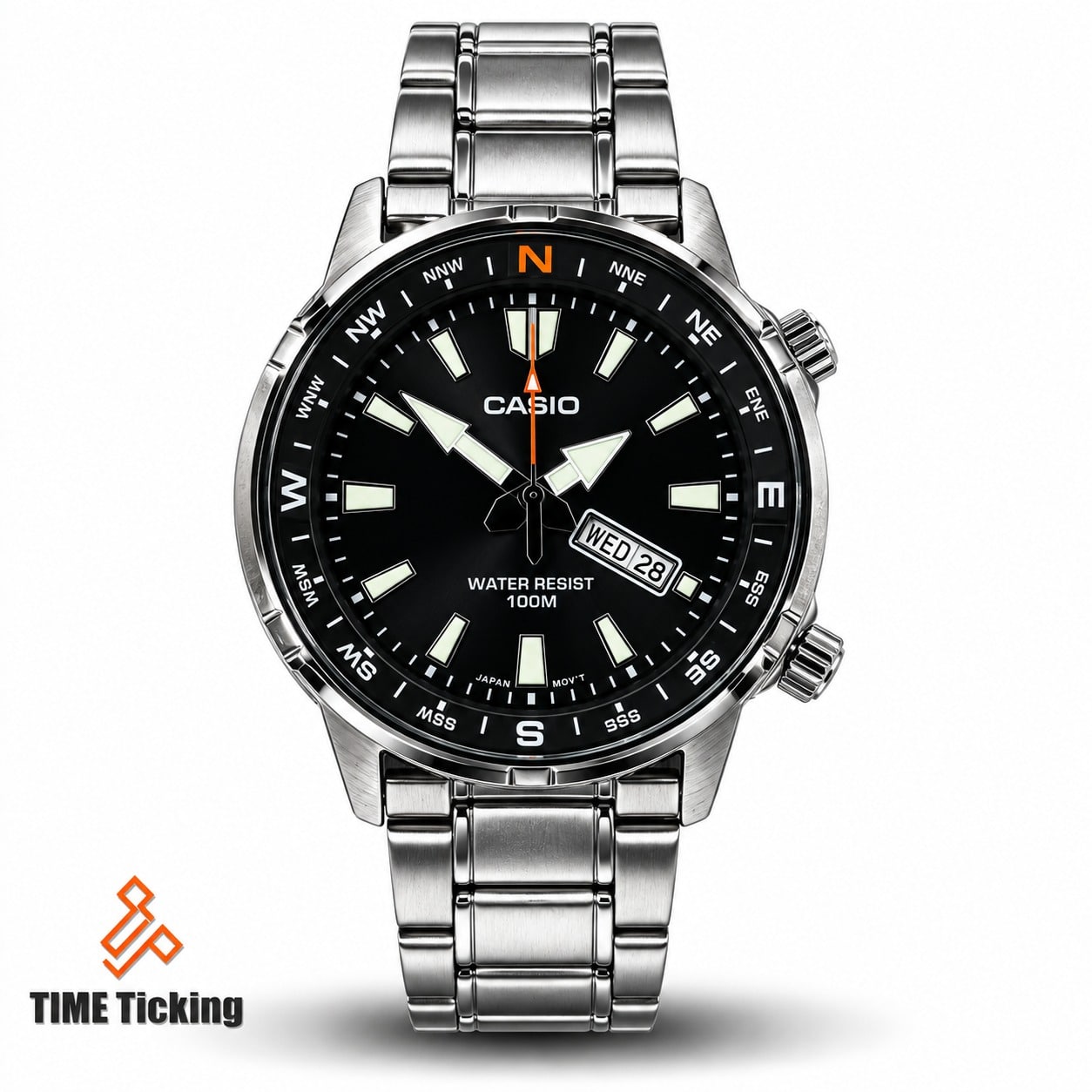 Casio MTD-130D-1A2V Men’s Stainless Steel Analog Watch with Black Dial, Direction Bezel, Day-Date Display and 100-Meter Water Resistance