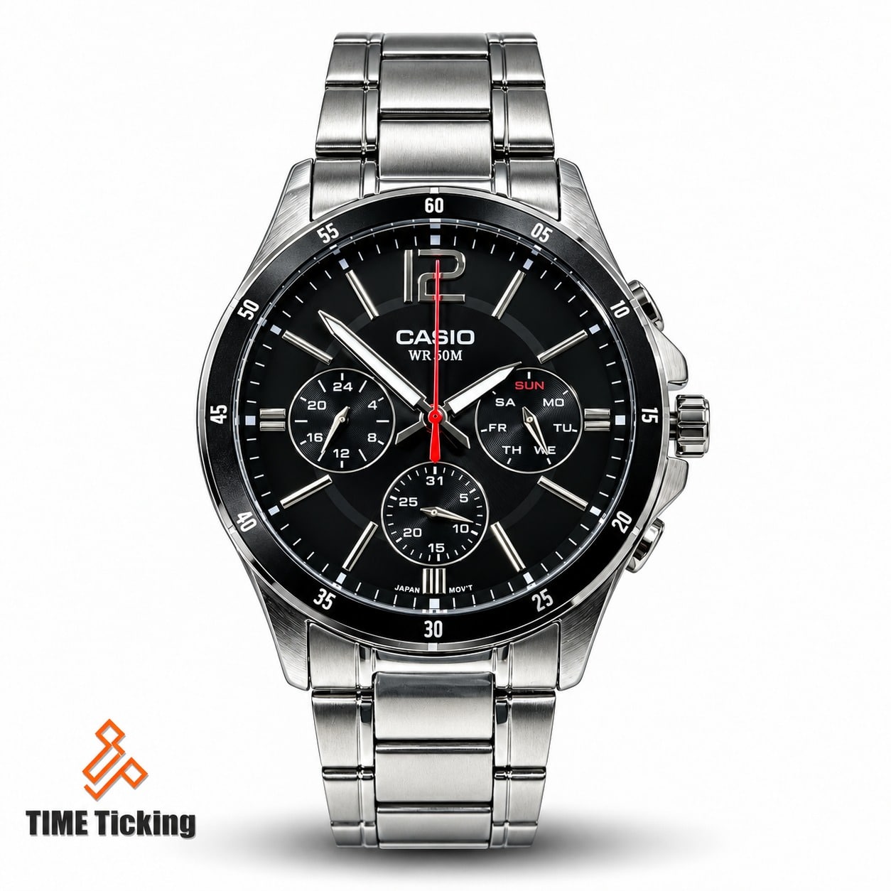 Casio MTP-1374D-1AV Men’s Silver Stainless Steel Analog Watch with Black Dial, Japan Quartz Movement, Day-Date Display and 50-Meter Water Resistance