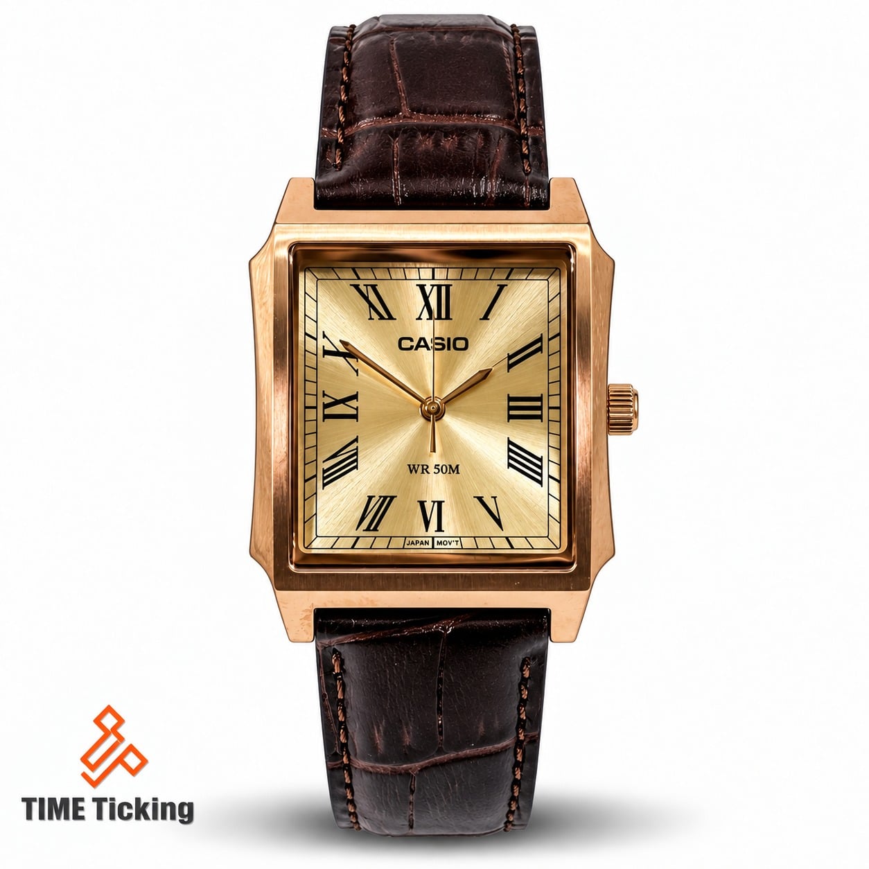 Casio MTP-B190RGL-9BVDF Men’s Rectangular Rose Gold Analog Dress Watch with Rose Gold Dial, Brown Genuine Leather Strap and Japanese Quartz Movement