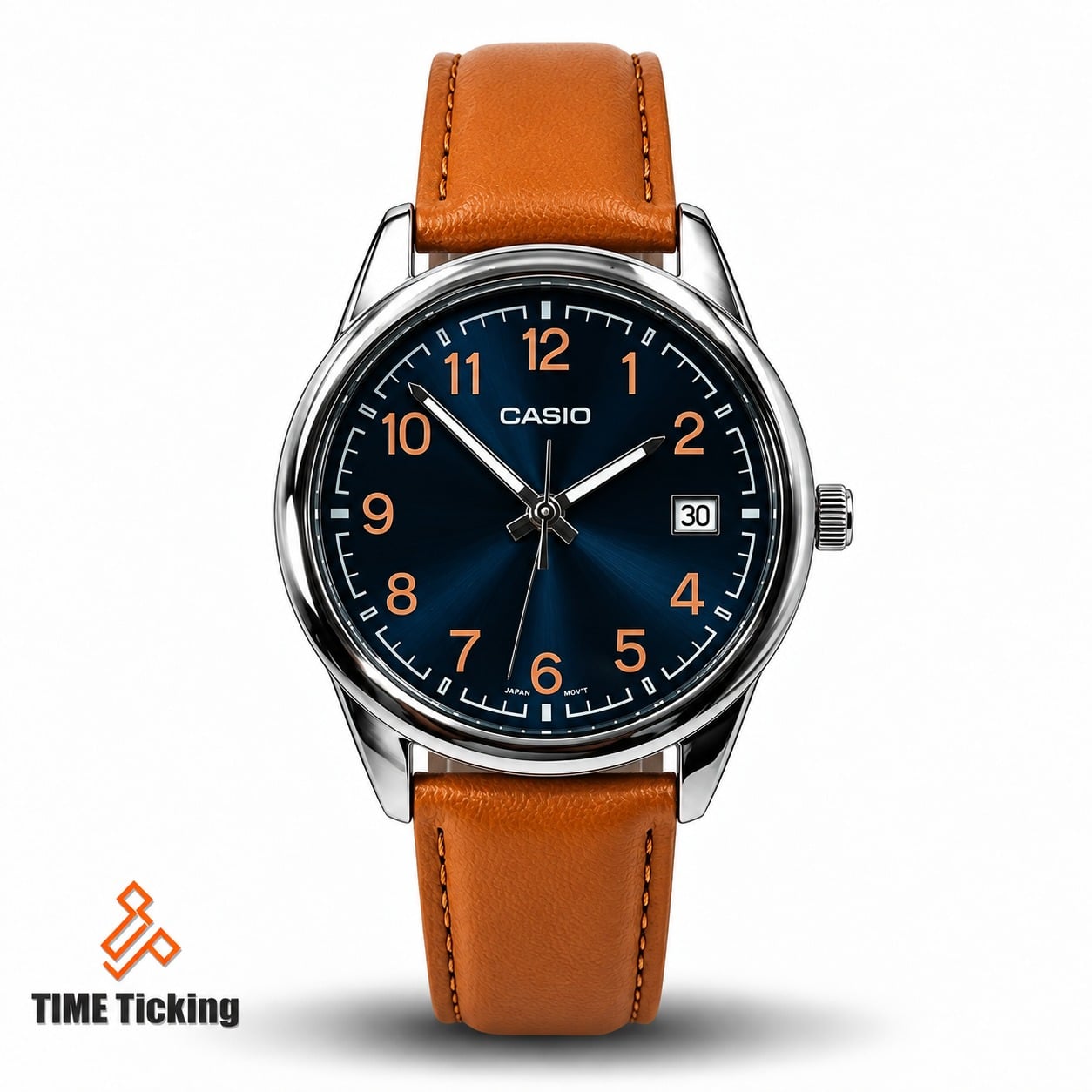 Casio MTP-V005L-2B4UDF men’s blue dial analog watch with tan genuine leather strap and rose gold-tone numerals