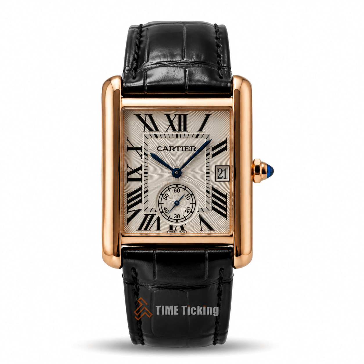 Cartier Tank MC men’s watch with white dial, rose gold-tone case, and leather strap, elegant luxury rectangular watch design
