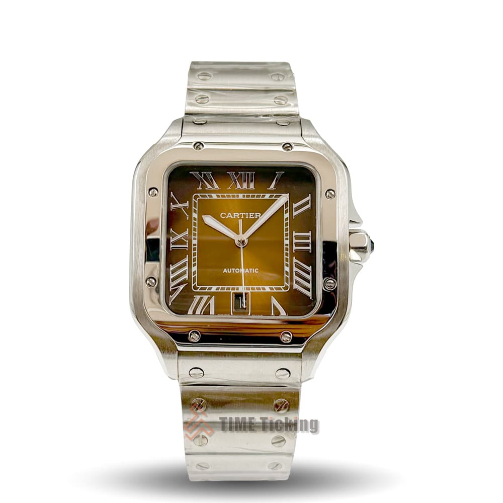 Cartier Santos de Cartier men’s automatic watch with brown sunray-brushed dial, elegant luxury design and classic bracelet.