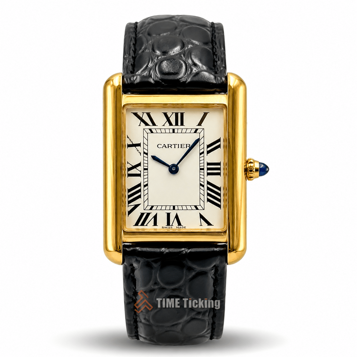 Cartier Tank Solo men’s watch with white dial and gold-tone case, elegant classic rectangular design