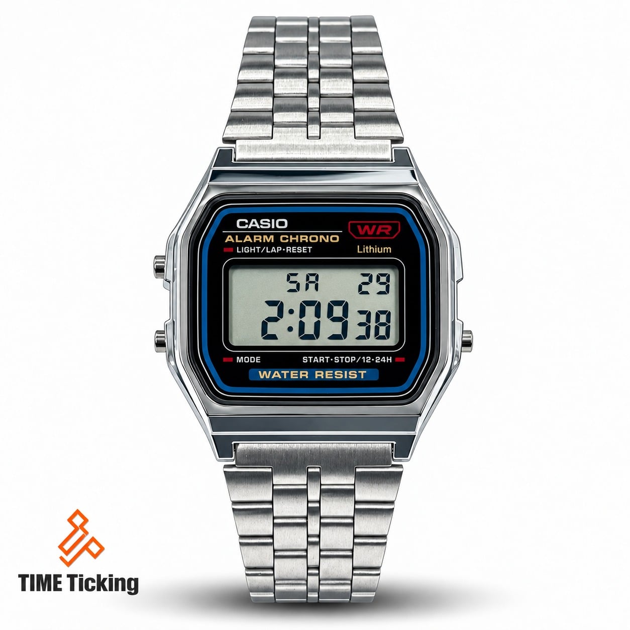 Casio A159WA-N1 Vintage Series Original Men's Silver Digital Watch with Stainless Steel Band, Green LED Light and 1/100 Second Stopwatch