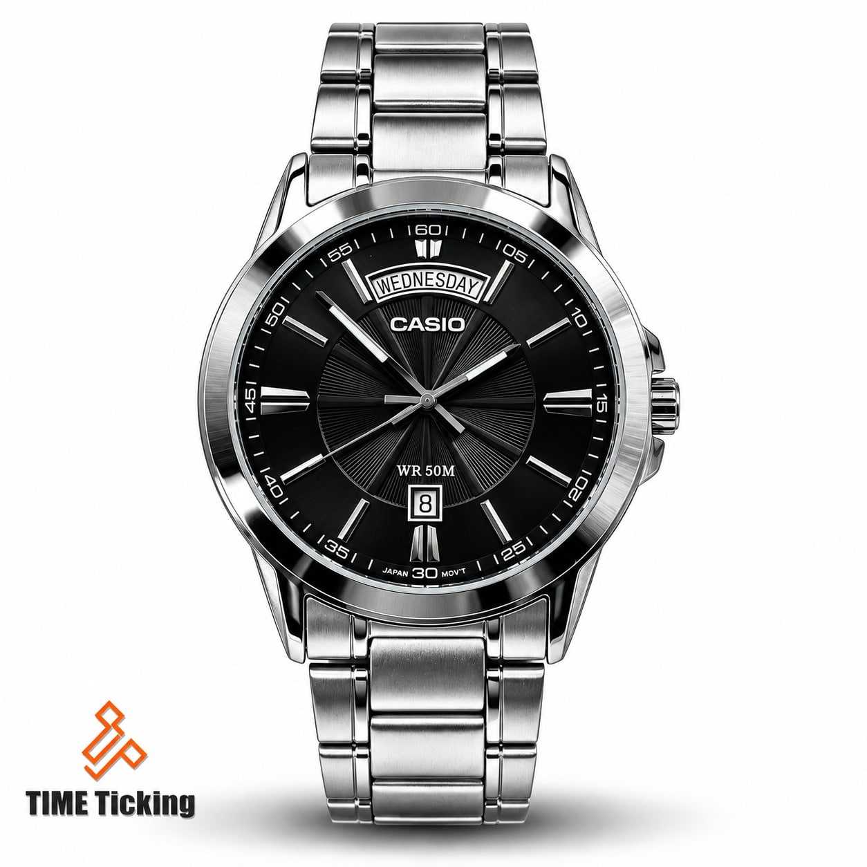 Casio Enticer MTP-1381D-1AV Men’s Stainless Steel Analog Watch with Black Dial, Japan Quartz Movement, Day-Date Display and 50-Meter Water Resistance