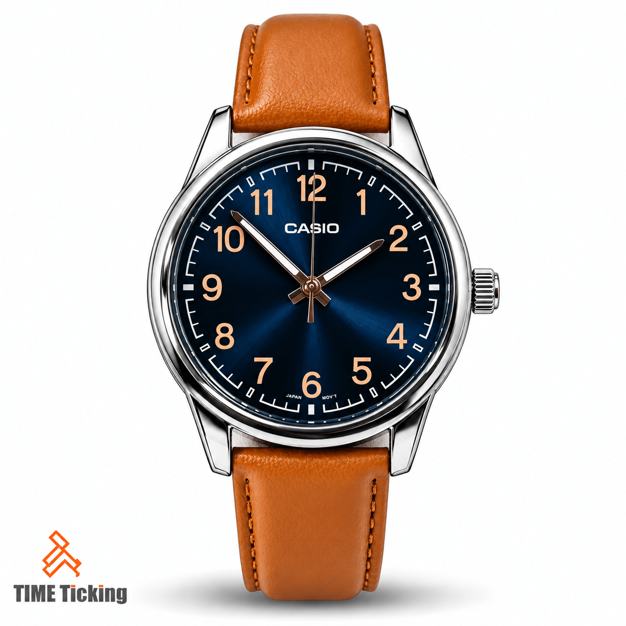 Casio men's analog watch with a blue sunburst dial, rose-gold Arabic numerals, silver stainless steel case, and brown leather strap on a white background.