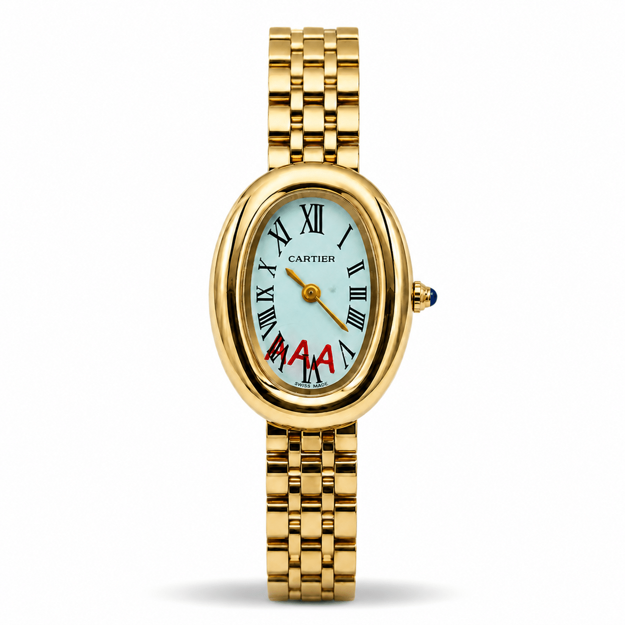 Cartier Baignoire women's watch with light blue dial and gold metal strap