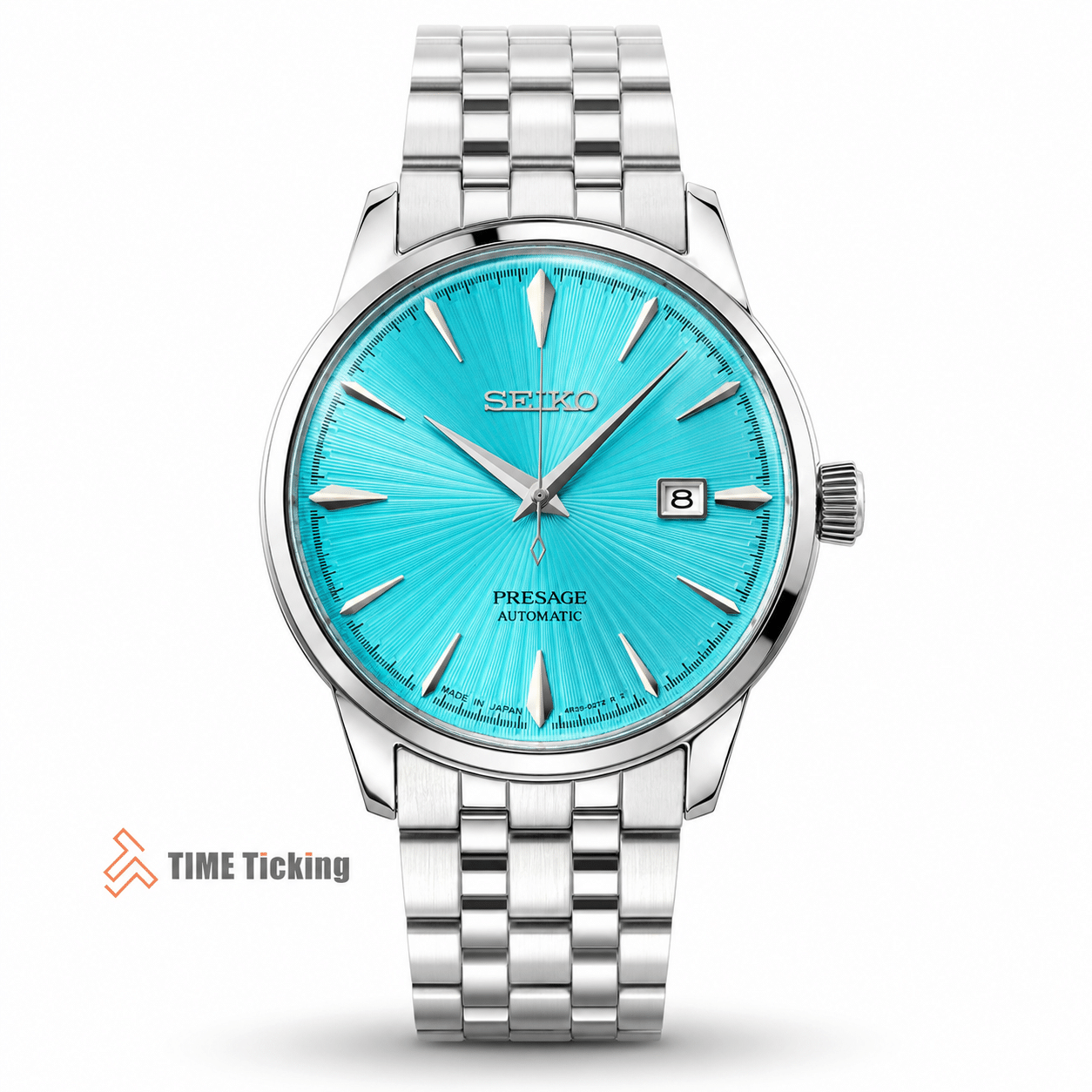 Seiko Presage Cocktail Time men's automatic watch with turquoise sunburst dial and stainless steel bracelet