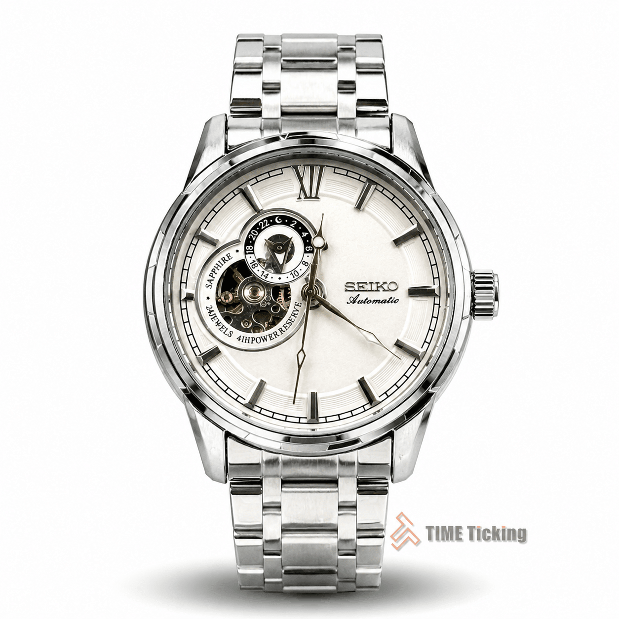 Seiko Presage Open Heart men's automatic watch with white dial and stainless steel bracelet
