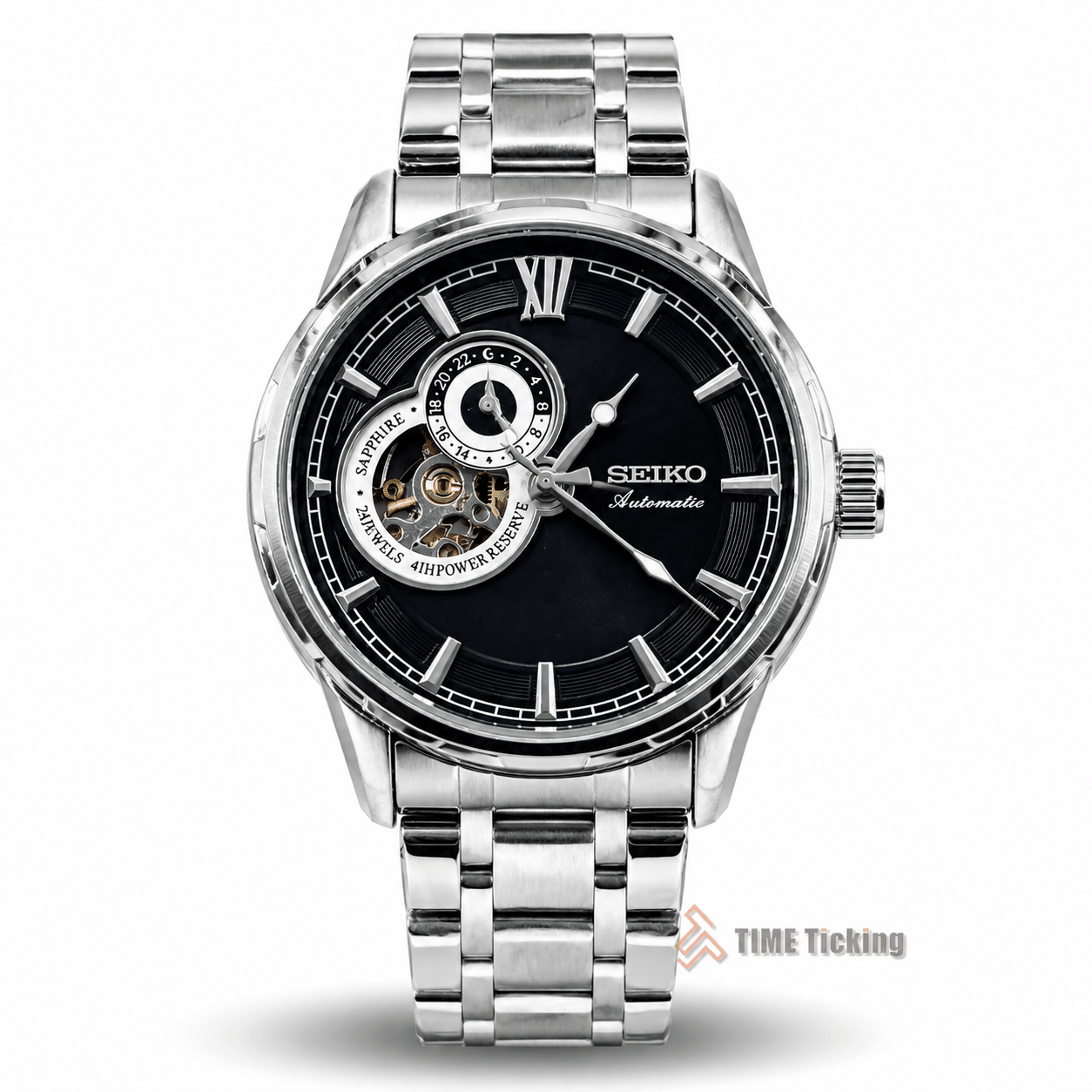 Seiko Presage Open Heart men's automatic watch with black dial and stainless steel bracelet