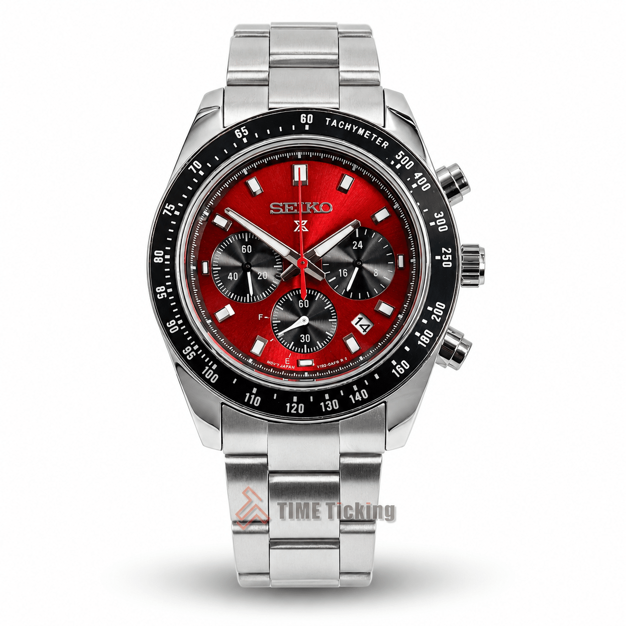 Seiko Prospex Speedtimer Solar Chronograph men's watch with crimson red sunray dial and stainless steel bracelet