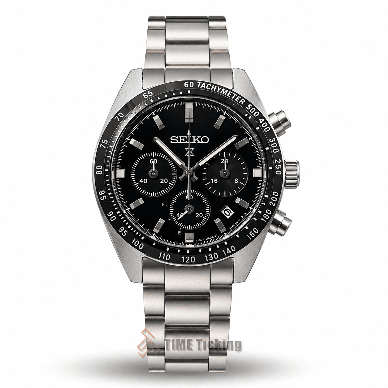 Seiko Prospex Speedtimer Solar Chronograph men's watch with matte black dial and stainless steel bracelet