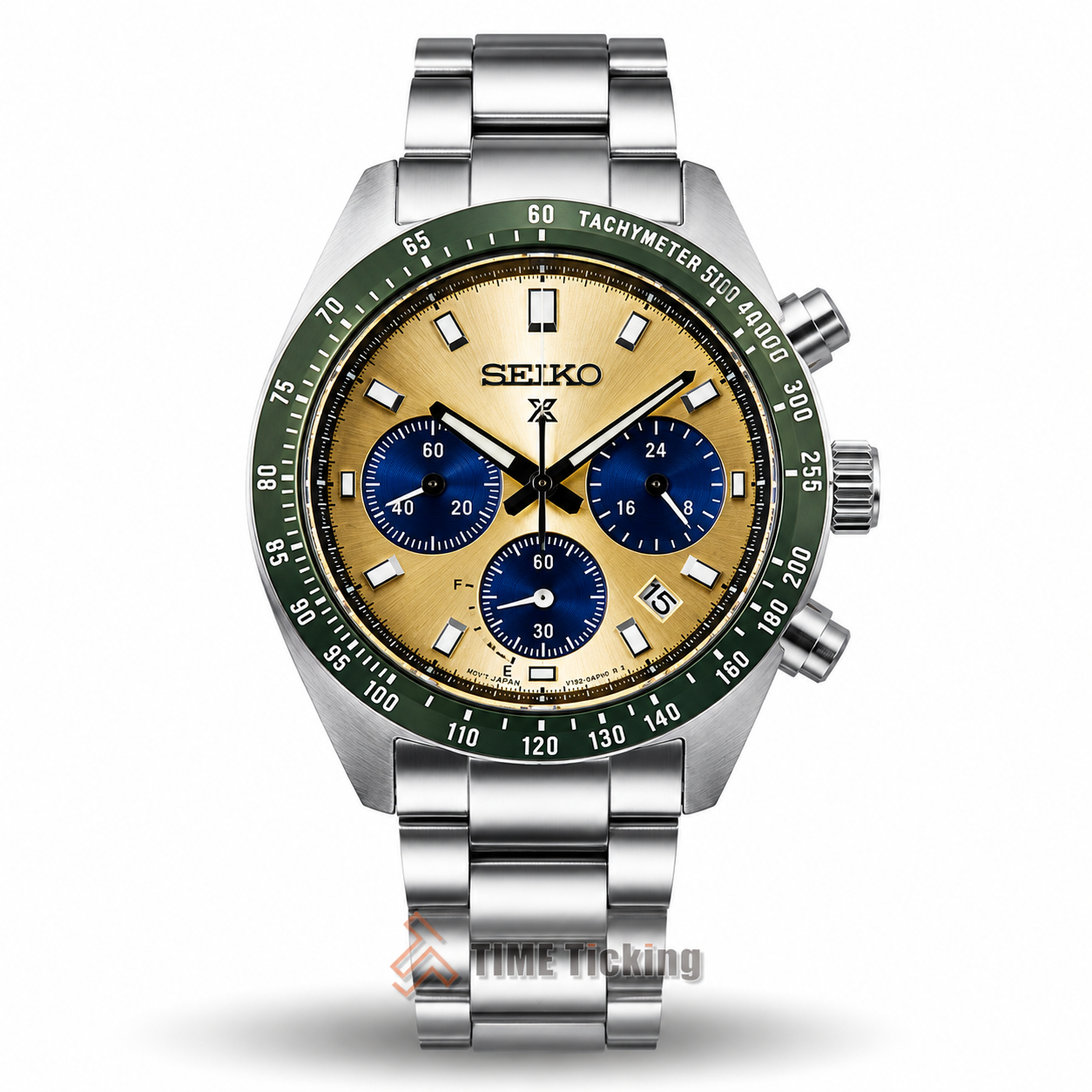 Seiko Prospex Speedtimer Solar Chronograph men's watch with ivory sunburst dial and stainless steel bracelet
