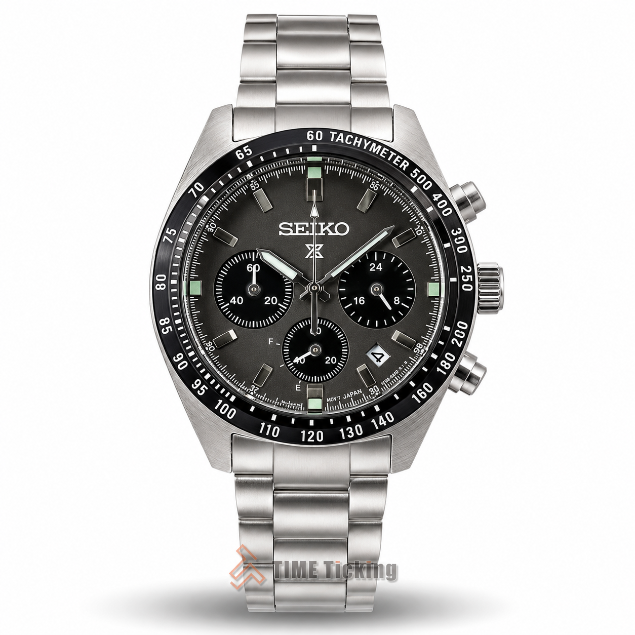 Seiko Prospex Speedtimer Solar Chronograph men's watch with dark grey sandblasted dial and stainless steel bracelet