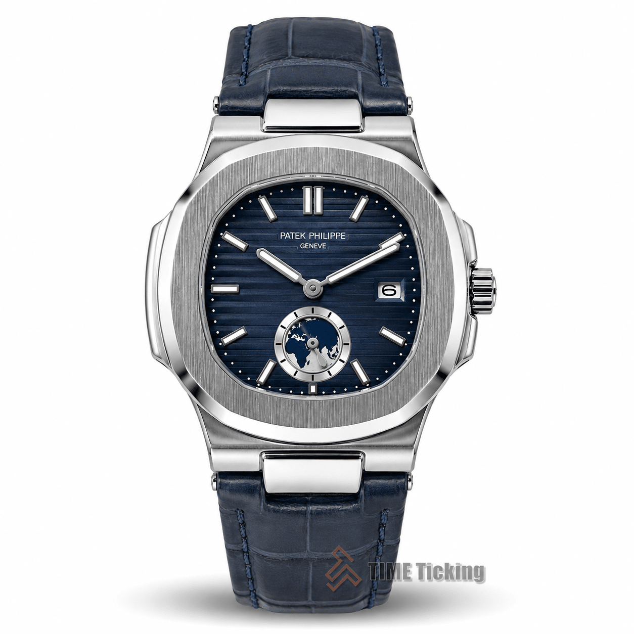 Patek Philippe Nautilus Annual Calendar AA Grade Replica 5726A-001 dark blue dial silver case dark blue leather strap men's watch