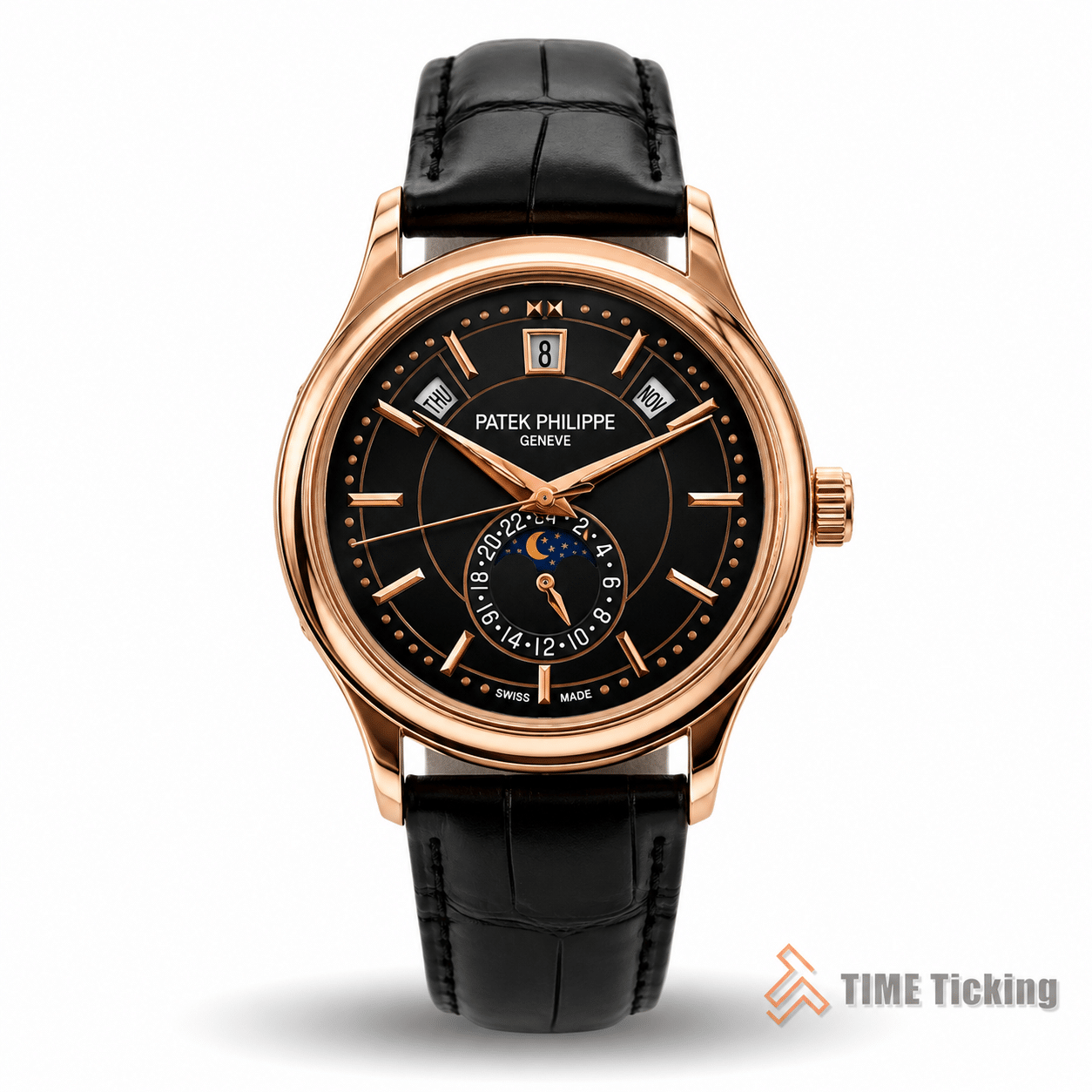 Patek Philippe Complications Annual Calendar men's watch with black dial black leather strap and rose gold case