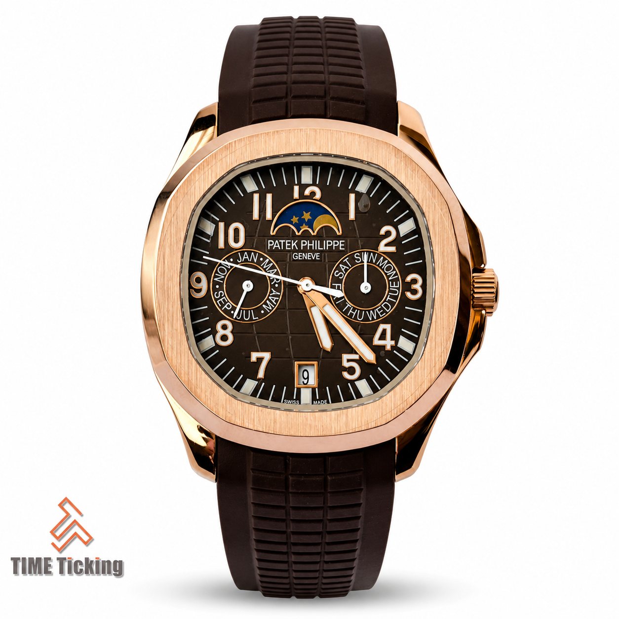 Patek Philippe Aquanaut Travel Time men’s watch, Swiss Grade 1:1 replica, with dual time zone display and luxury automatic movement