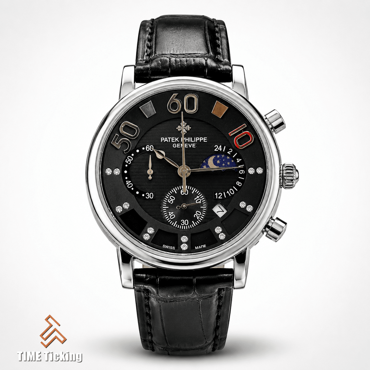 PATEK-201912 men's quartz watch with black numbered dial and black genuine leather belt