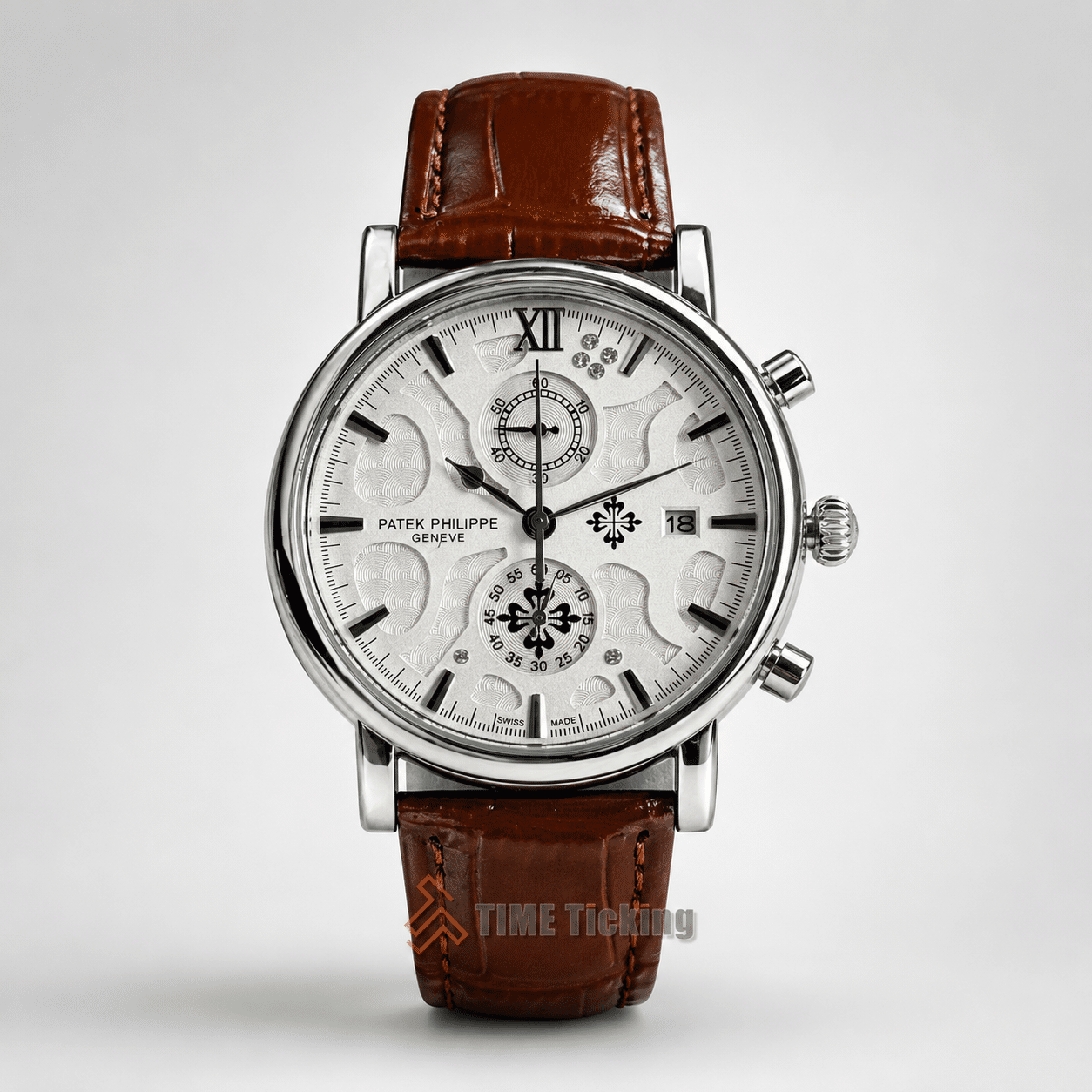 Patek Philippe Geneve men's quartz chronograph style watch with white dial and brown leather strap