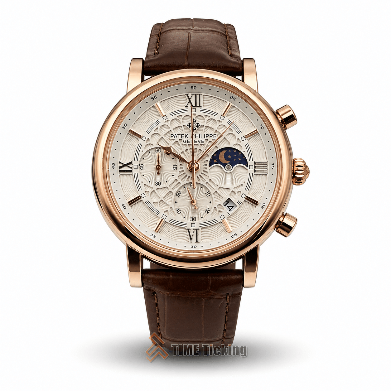 PATEK-201912 men's quartz watch with white dial rose gold case and brown leather belt