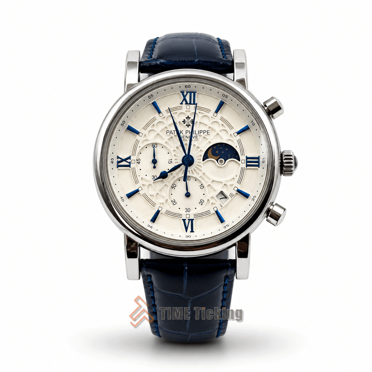 PATEK-201912 men's quartz watch with blue leather belt and white dial