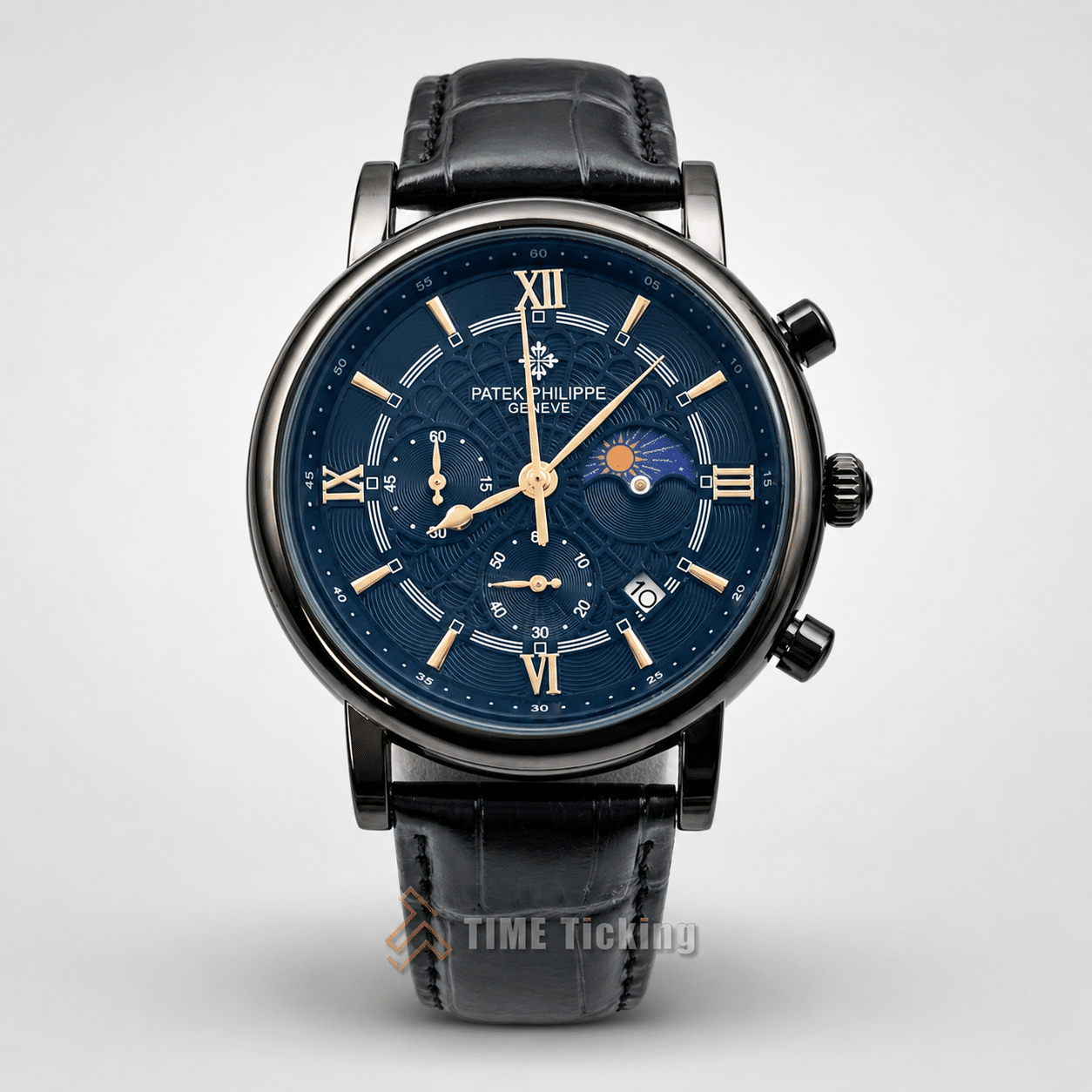 PATEK-201912 men's quartz watch with black leather belt and black dial