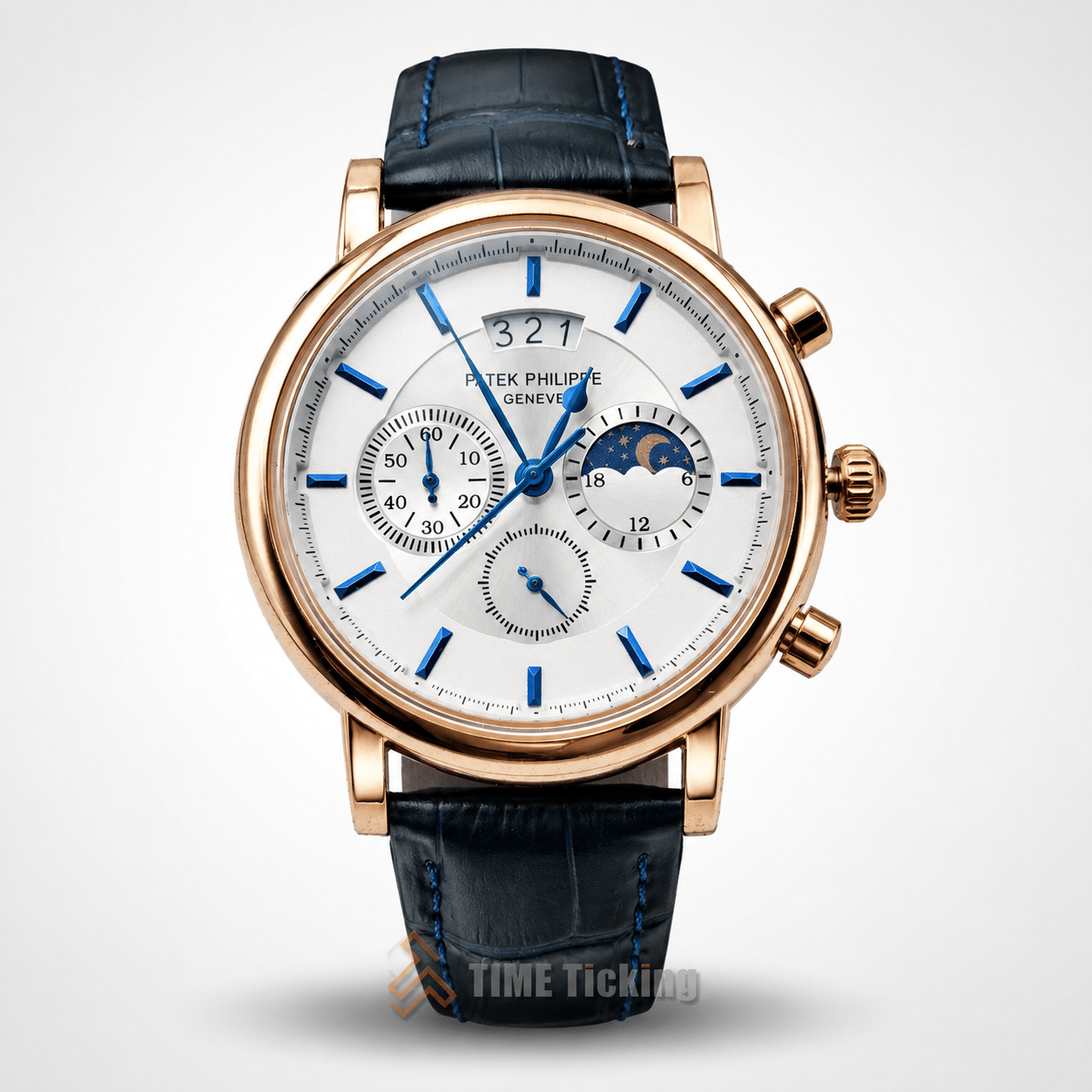 PATEK-201912 men's quartz watch with blue leather belt silver dial and rose gold case